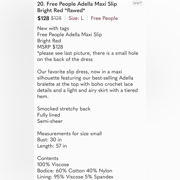 NWT Free People Adella Maxi Slip Bright Red *flawed* see last picture - Picture 8 of 8